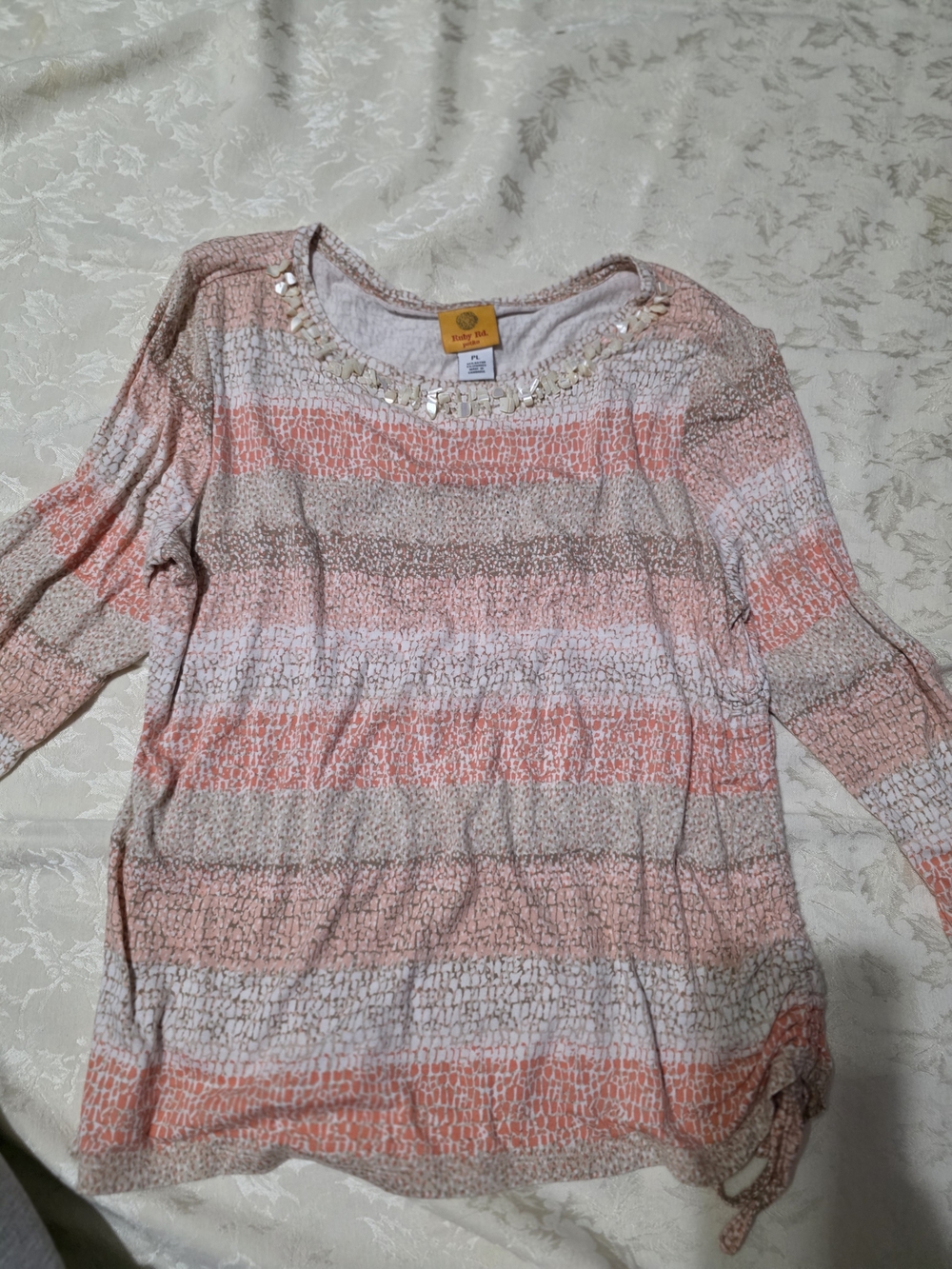Ruby Rd. Coral, White & Taupe Striped Embellished Knit Top